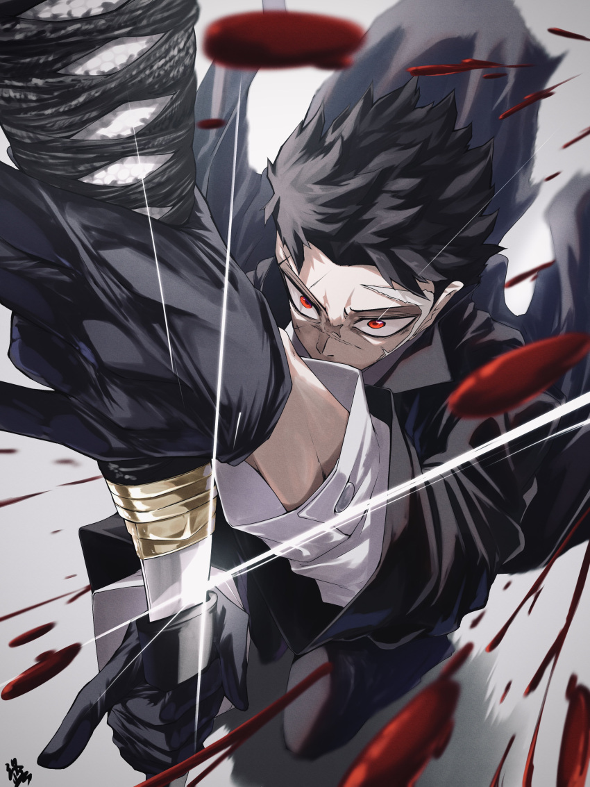 1boy, absurdres, black_gloves, black_hair, blood, coat, endo_yohane, glint