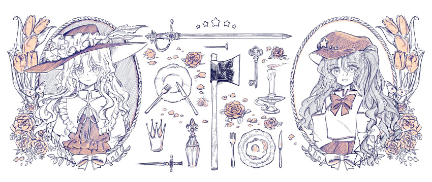 2girls, axe, bottle, bow, bowtie, cabbie_hat, candle, closed_mouth