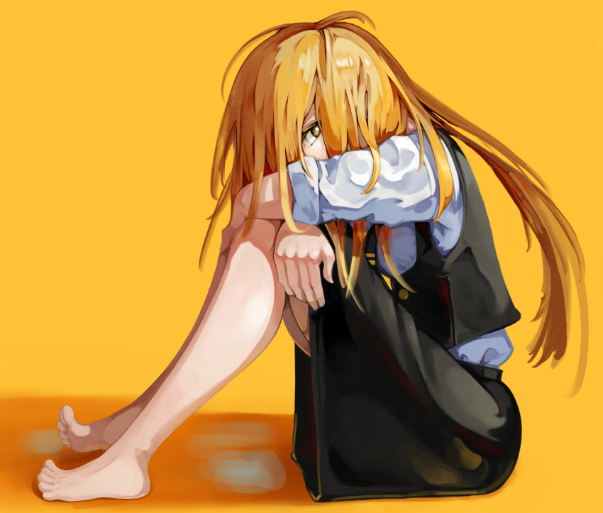 1girl, barefoot, black_skirt, black_vest, blonde_hair, hair_ribbon, highres, kirisame_marisa