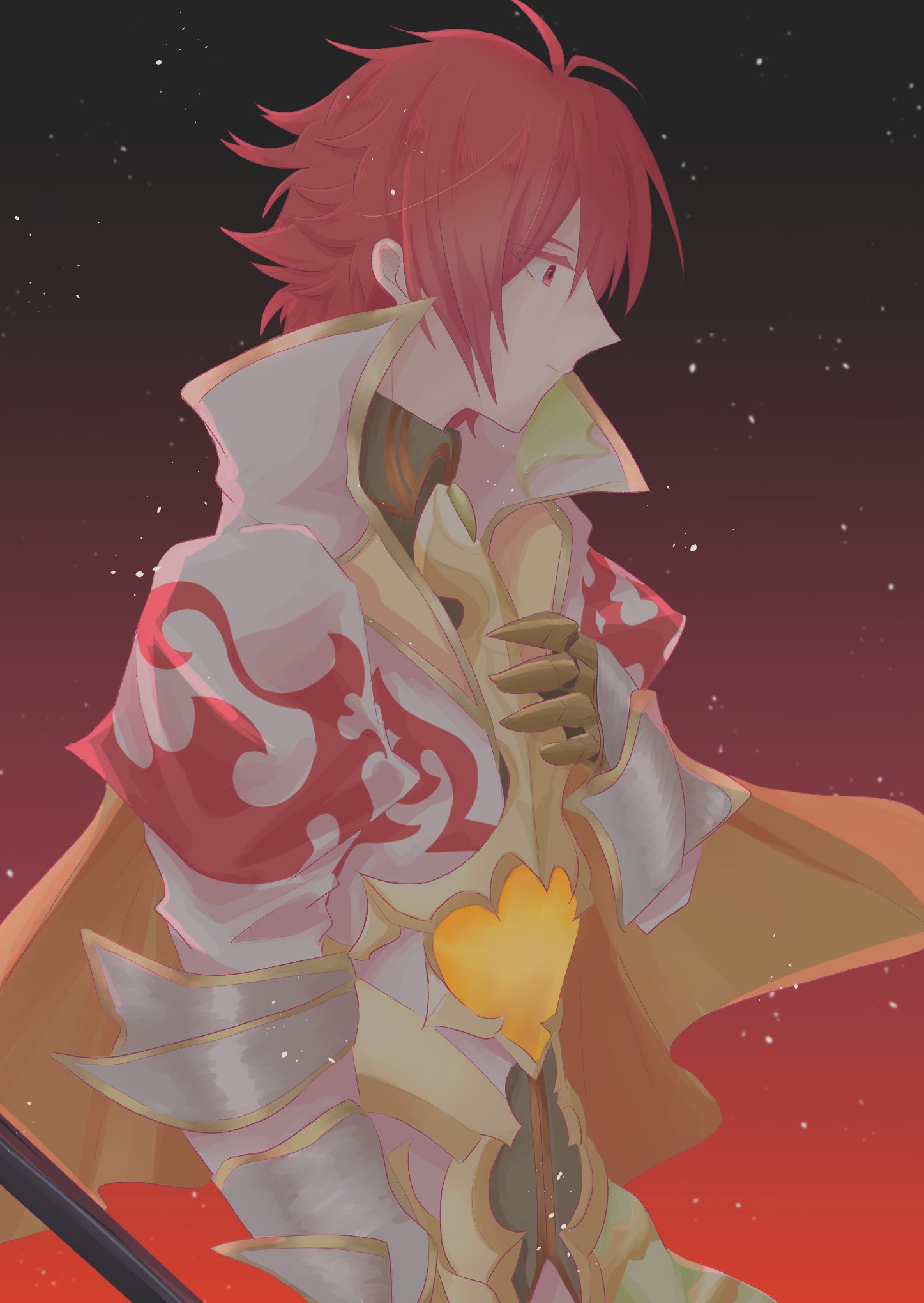1boy, armor, bad_id, bad_twitter_id, cape, closed_mouth, gauntlets, gradient_background, grimms_notes, highres, ignis_berflame_(guren)_(grimms_notes), male_focus, red_background, red_hair, short_cape, short_hair, solo, upper_body, wakanne_xx, white_armor, yellow_cape