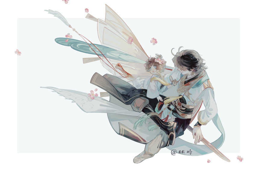 2boys, :o, age_difference, aged_down, antenna_hair, black_boots, black_hair, black_sash