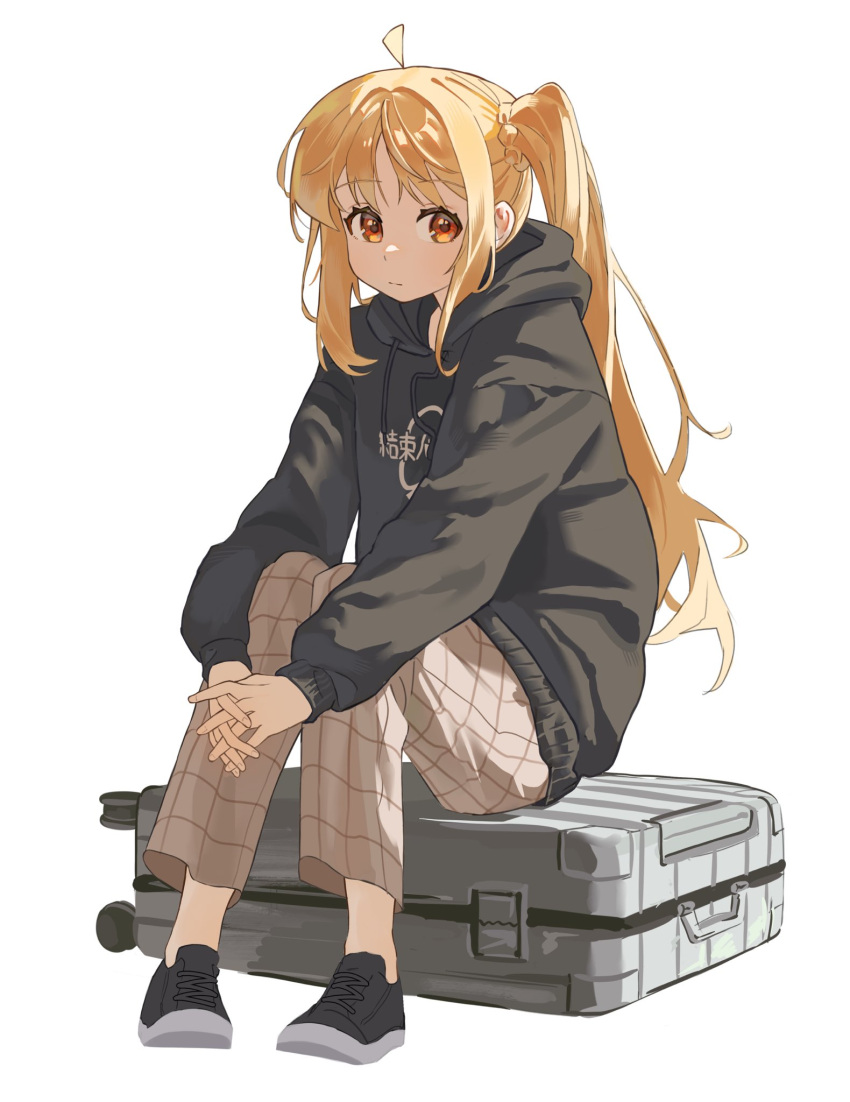1girl, blonde_hair, bocchi_the_rock!, closed_mouth, full_body, grey_pants, highres, hood, hood_down, hoodie, ijichi_nijika, interlocked_fingers, long_hair, long_sleeves, looking_at_viewer, orange_eyes, own_hands_together, pants, schu_1112, shoes, sitting, solo, twintails, white_background