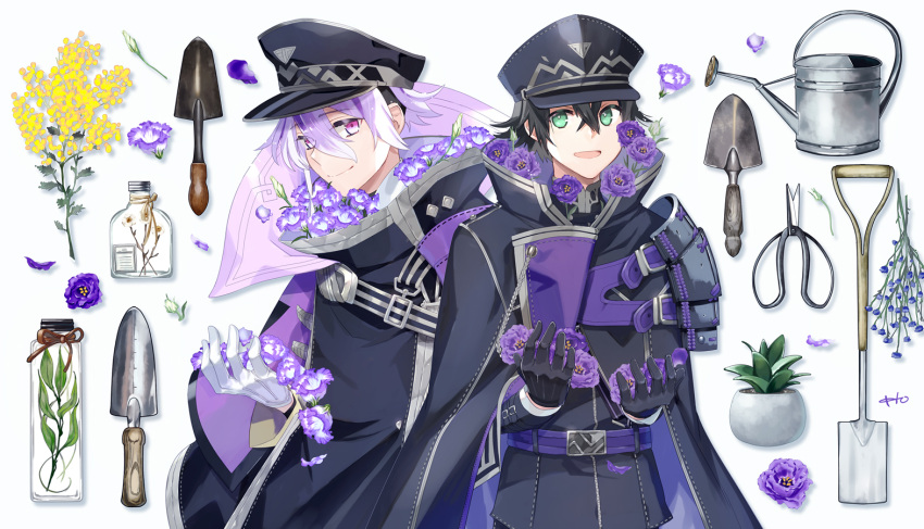 2boys, :d, belt, black_cloak, black_gloves, black_hair, black_hat, black_jacket