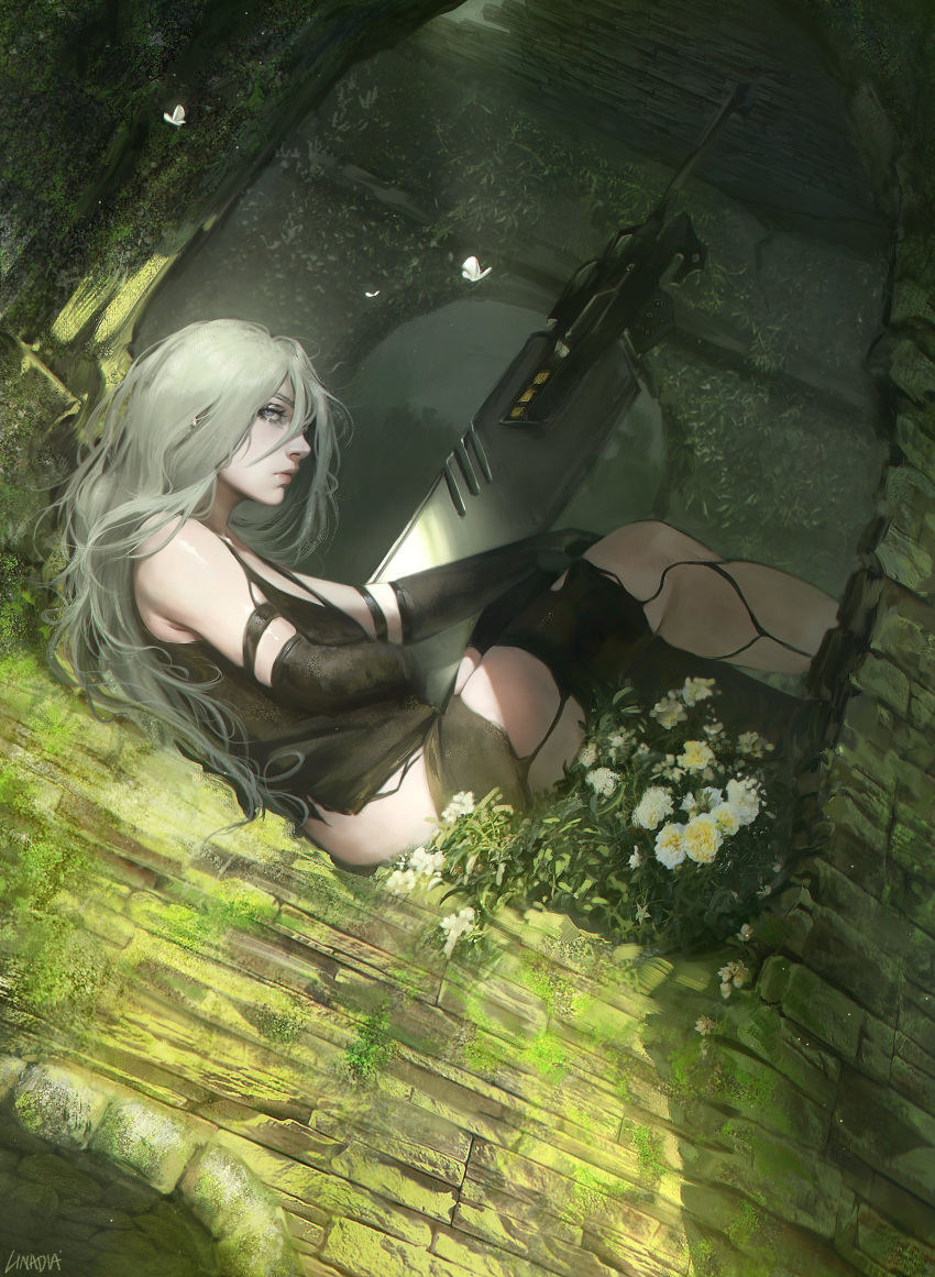 a2_(nier:automata), absurdres, android, black_thighhighs, blue_eyes, bug, butterfly, feet_on_wall