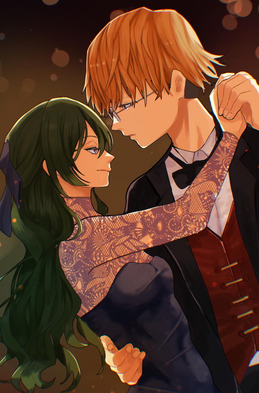 1boy, 1girl, absurdres, black_bow, black_bowtie, black_dress, black_jacket, blonde_hair