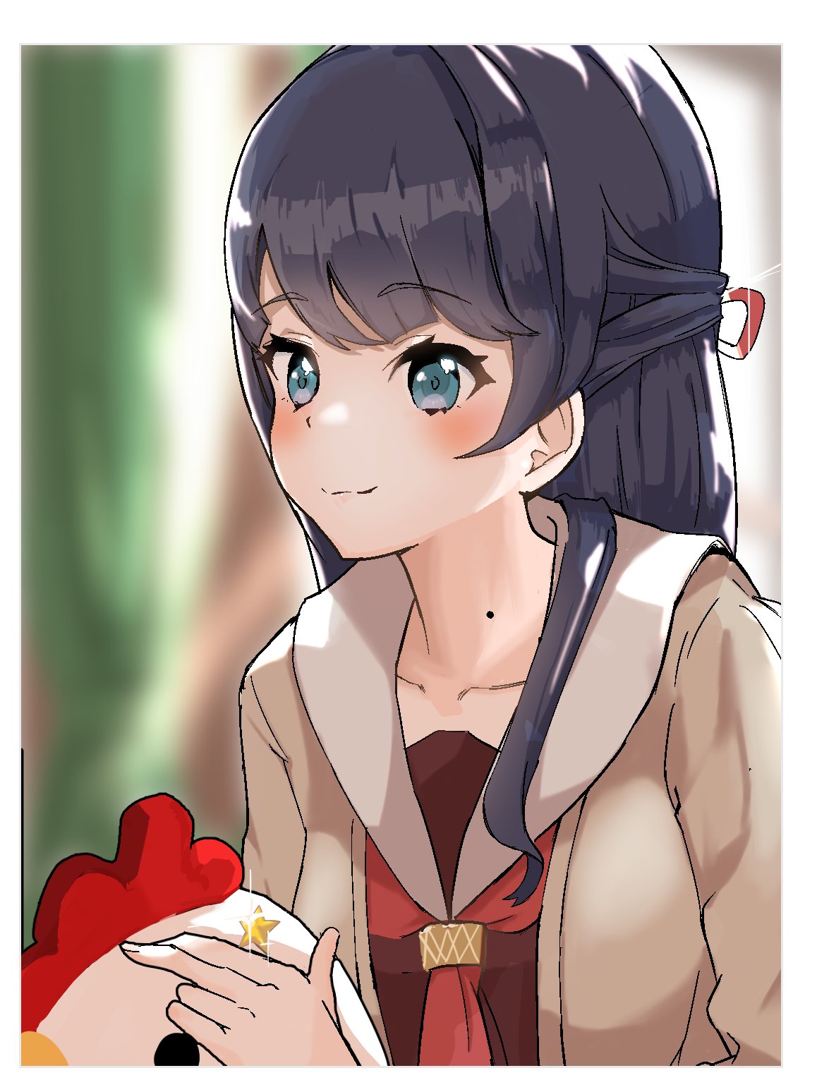 1girl, blue_eyes, blue_hair, blurry, blurry_background, blush, border, brown_cardigan, brown_dress, cardigan, closed_mouth, commentary_request, dress, hair_ornament, hair_ribbon, half_updo, hasu_no_sora_school_uniform, highres, link!_like!_love_live!, llb, long_hair, long_sleeves, love_live!, murano_sayaka, neckerchief, open_cardigan, open_clothes, peking_duck_(love_live!), red_neckerchief, red_ribbon, ribbon, sailor_collar, sailor_dress, school_uniform, smile, solo, star_(symbol), star_hair_ornament, upper_body, virtual_youtuber, white_border, white_sailor_collar, winter_uniform