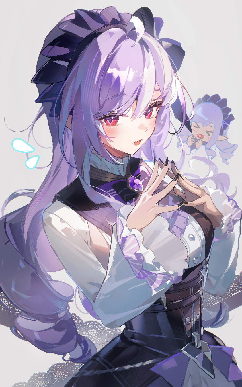 >_<, 1girl, absurdres, ahoge, black_hairband, black_nails, black_skirt, blush
