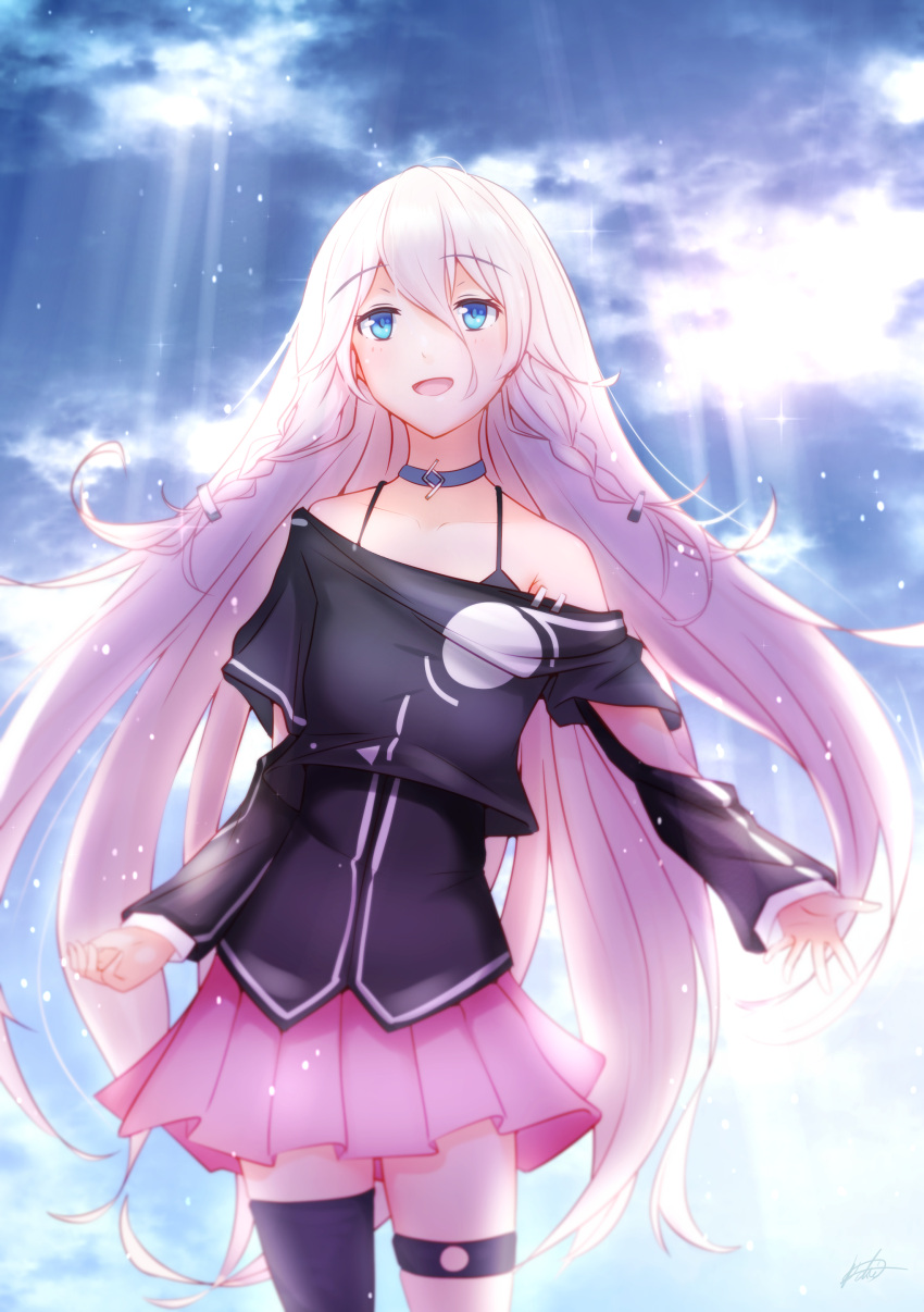 1girl, absurdres, ao_(heptane), bare_shoulders, blonde_hair, blue_eyes, braid, grey_hair, hair_between_eyes, highres, ia_(vocaloid), long_hair, looking_at_viewer, open_mouth, pink_hair, skirt, smile, solo, twin_braids, very_long_hair, vocaloid