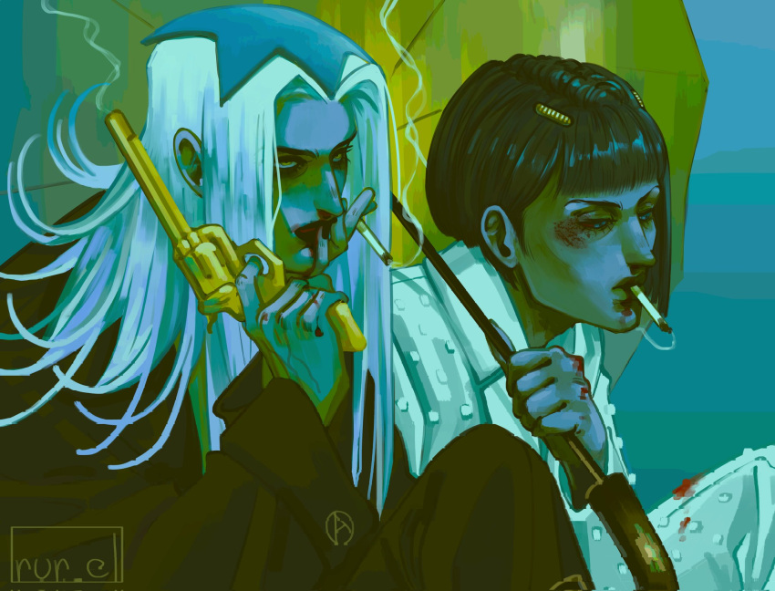 2boys, black_hair, black_jacket, black_pants, blood, blood_on_clothes, blue_eyes, bob_cut