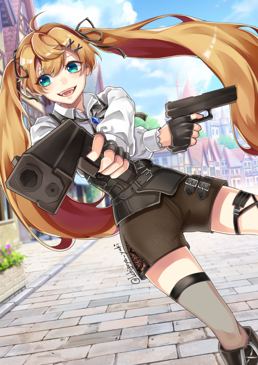 1girl, :d, absurdres, ahoge, aqua_eyes, black_ribbon, black_shoes, black_shorts, blonde_hair, clip_studio_paint_(medium), collared_shirt, commentary_request, dual_wielding, grey_thighhighs, gun, hair_ornament, hair_ribbon, highres, holding, holding_gun, holding_weapon, kuroyuki_0713, long_hair, original, outdoors, ribbon, shirt, shoes, shorts, smile, solo, teeth, thigh-highs, tongue, twintails, twitter_username, weapon, white_shirt, x_hair_ornament