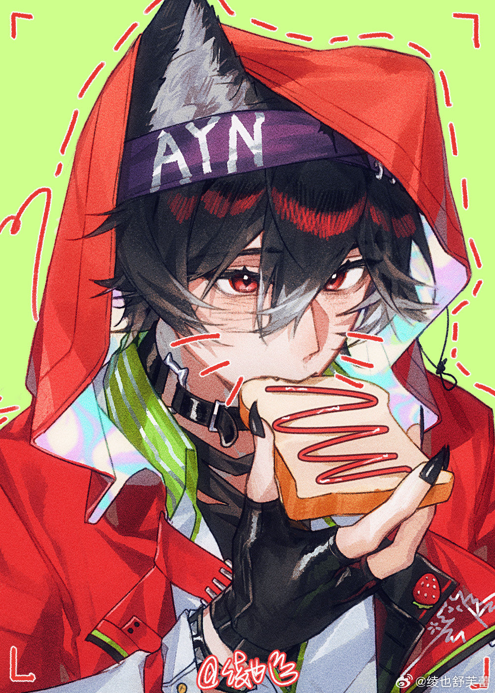 1boy, animal_ears, ayn_alwyn, ayn_alwyn_(spirit_world), belt_collar, black_collar, black_gloves, black_hair, black_nails, black_undershirt, blush, bread, bread_slice, chinese_commentary, collar, collared_shirt, colored_tips, drawn_whiskers, eating, fingerless_gloves, fingernails, food, gloves, green_background, hair_between_eyes, headband, highres, holding, holding_food, hood, hood_up, hooded_jacket, jacket, lapel_pin, ling_ye_shufulei, long_sleeves, looking_at_viewer, lovebrush_chronicles, male_focus, multicolored_hair, official_alternate_costume, outline, purple_headband, red_eyes, red_jacket, sharp_fingernails, shirt, short_hair, simple_background, solo, strawberry_brooch, toast, torn_clothes, torn_shirt, upper_body, upturned_eyes, viewfinder, watermark, weibo_watermark, white_shirt, wolf_boy, wolf_ears