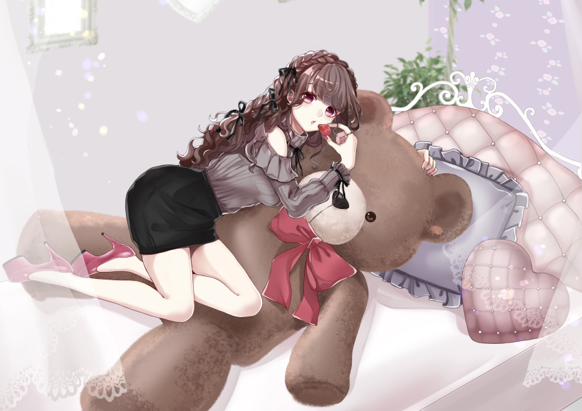 1girl, absurdres, bed, black_ribbon, black_skirt, braid, breasts, brown_hair