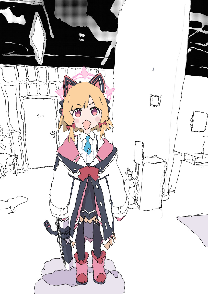 1girl, absurdres, animal_ear_headphones, animal_ears, black_skirt, blonde_hair, blue_archive, blue_necktie