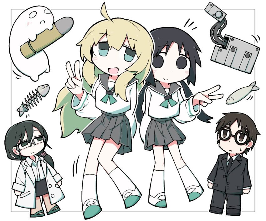 1boy, 3girls, :d, ahoge, aqua_eyes, black_eyes, black_hair, black_necktie