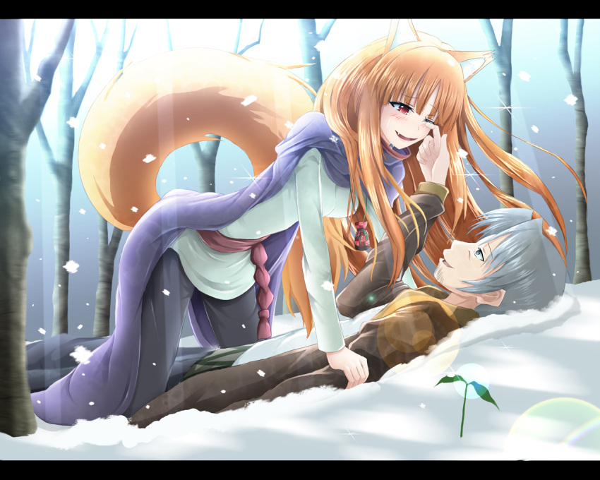 brown_hair, craft_lawrence, fang, forest, girl_on_top, holo, horo, kazuna, letterboxed, long_hair, nature, pouch, red_eyes, silver_hair, snow, spice_and_wolf, tail, tears, tree, wolf_ears, wolf_tail