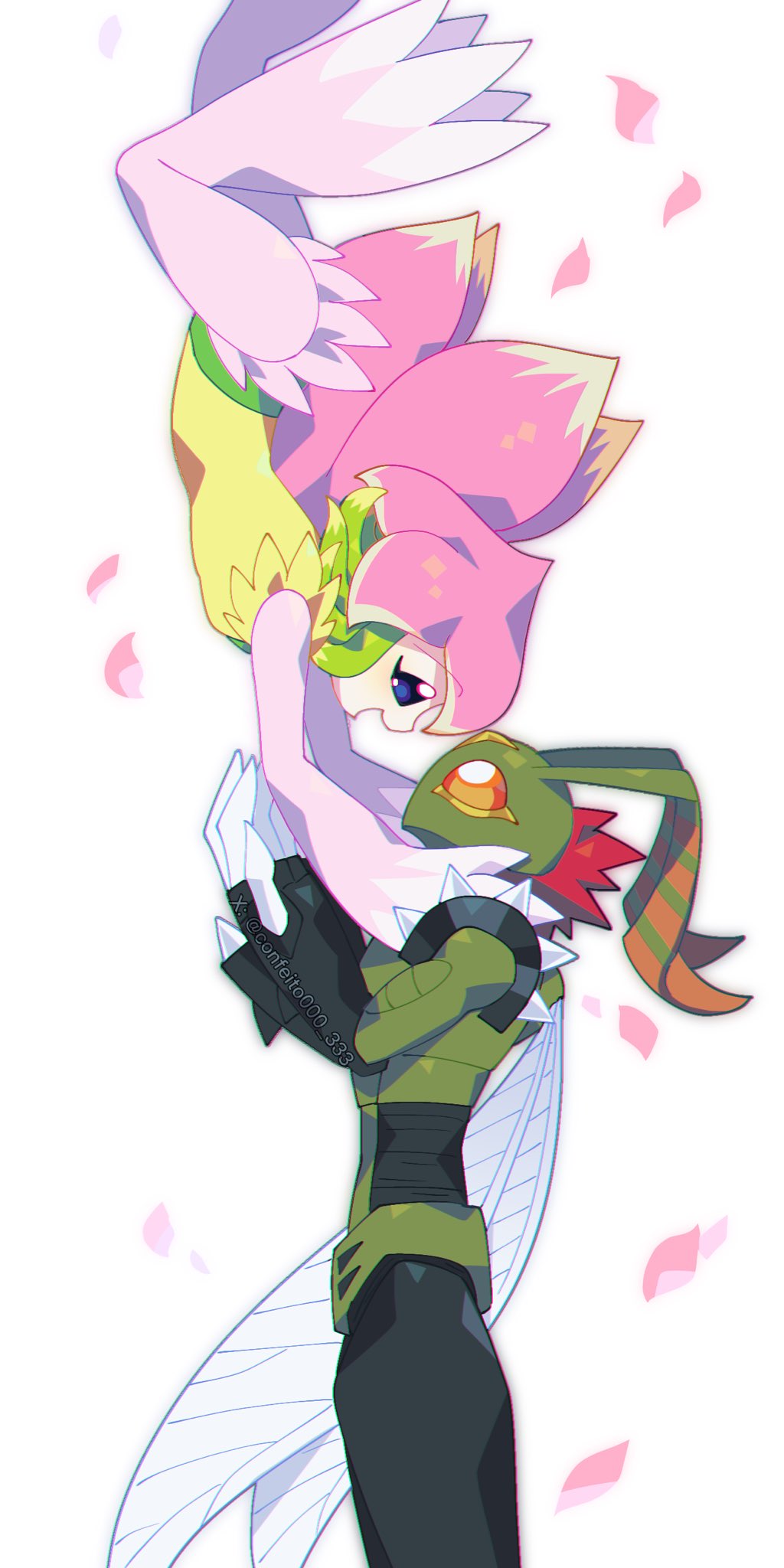 1boy, 1girl, brown_hair, bug, cherry_blossoms, confeito000_333, couple, digimon