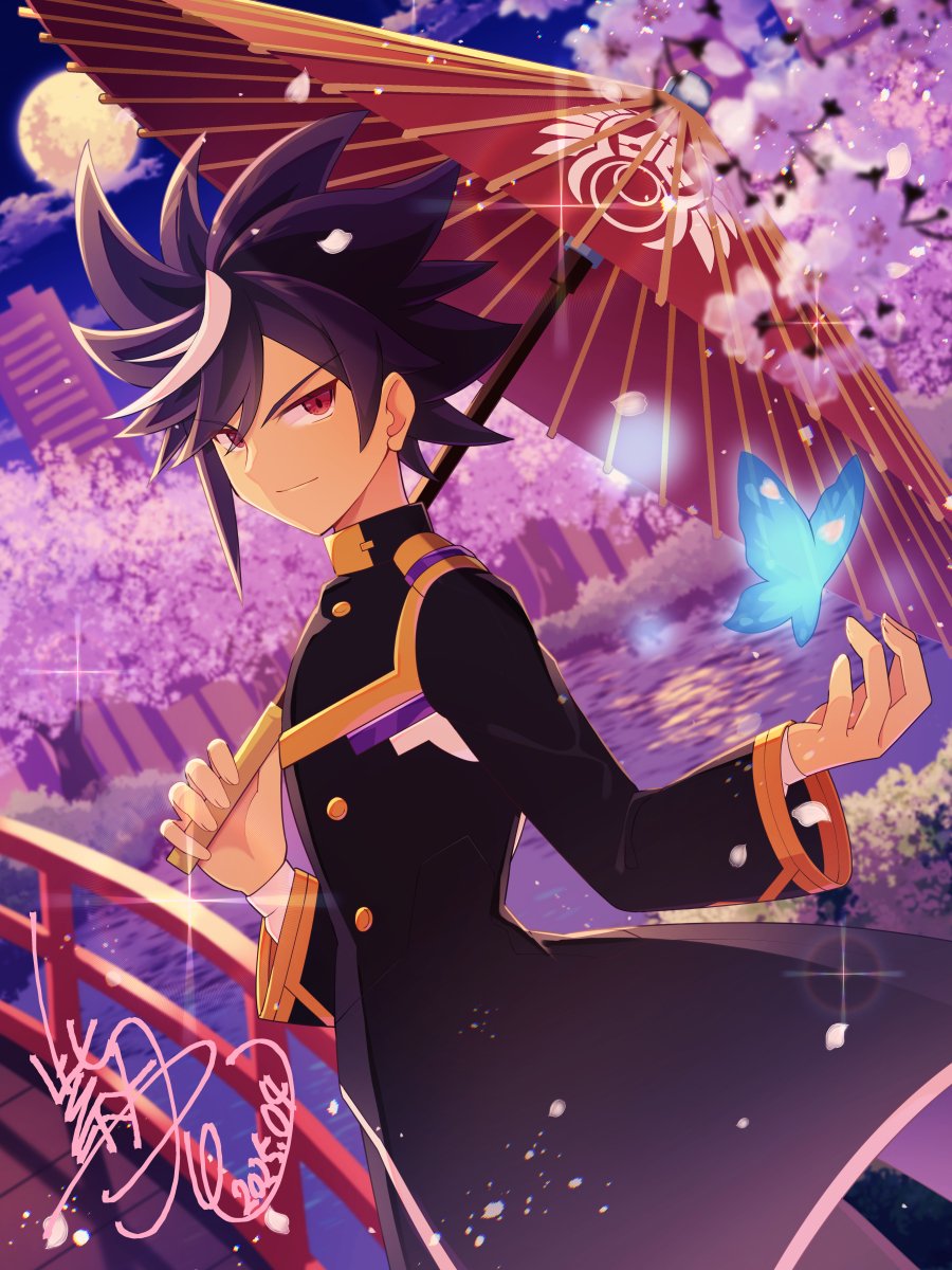 1boy, azure_striker_gunvolt, azure_striker_gunvolt_1, bug, butterfly, cherry_blossoms, coat, cowboy_shot