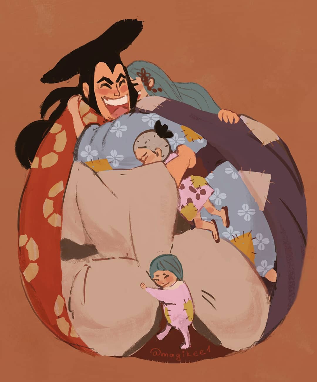 2boys, 2girls, aqua_hair, baby, black_hair, blush_stickers, brown_background, child