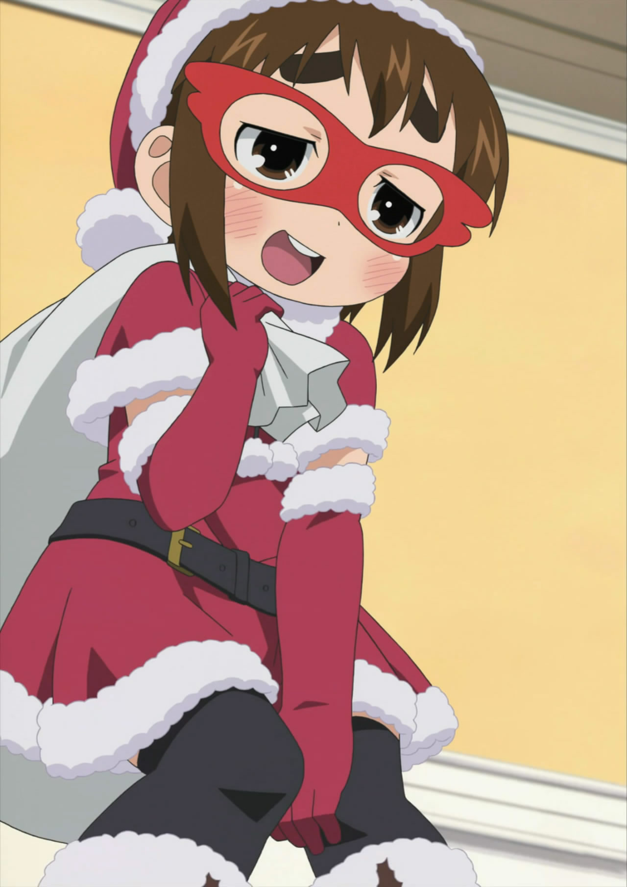 brown_eyes, brown_hair, christmas, embarrassed, eyebrows, hat, highres, mask