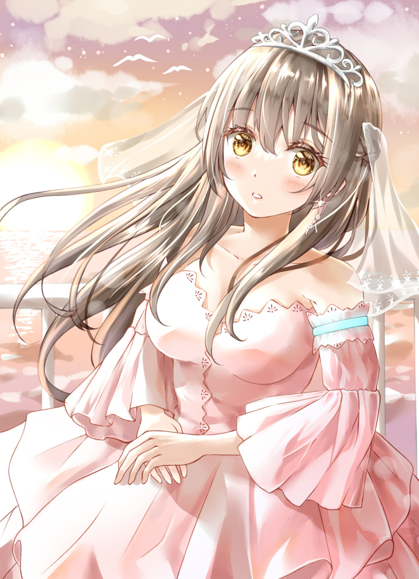 1girl, absurdres, ayaro_(genkiloobaii), blush, breasts, bridal_veil, bride, brown_hair