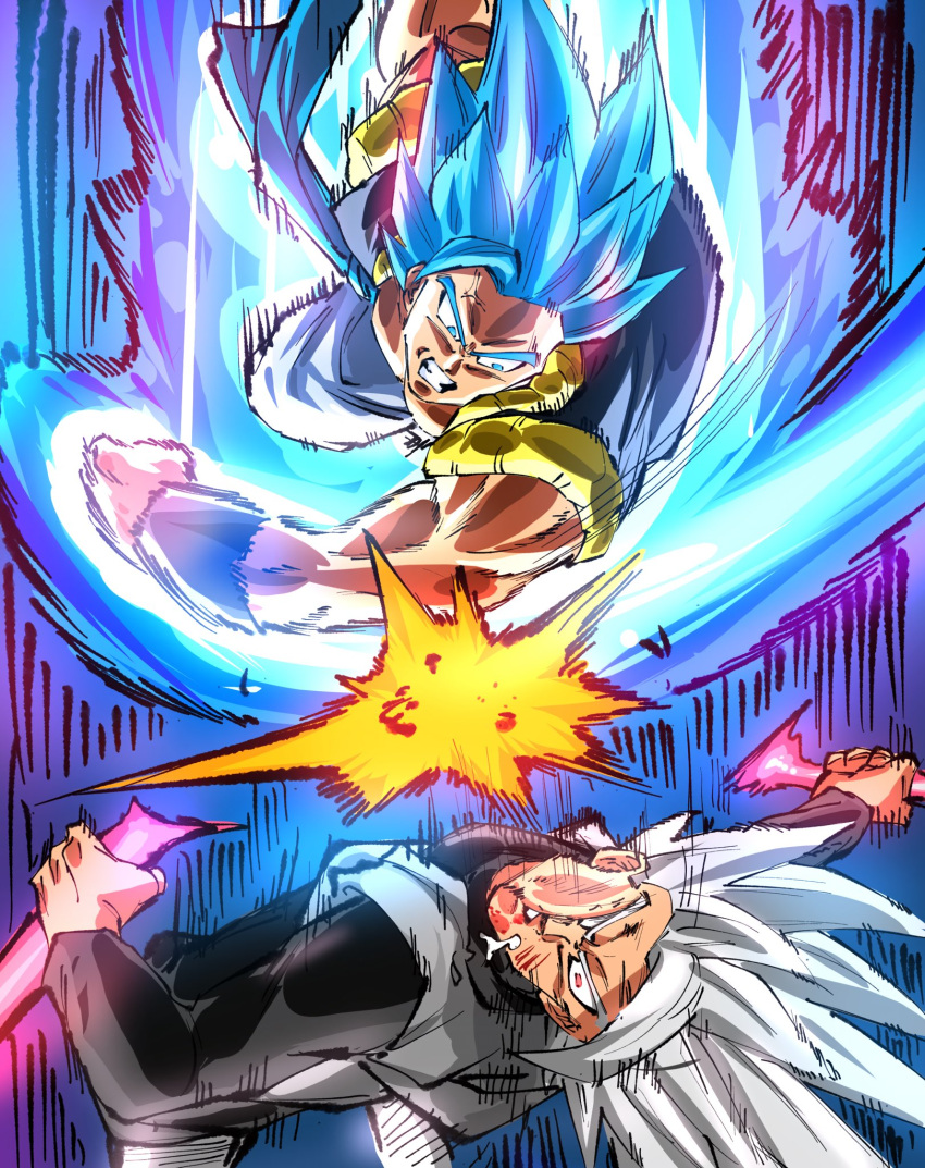 2boys, aura, black_pants, black_shirt, black_vest, blue_eyes, blue_hair, dougi