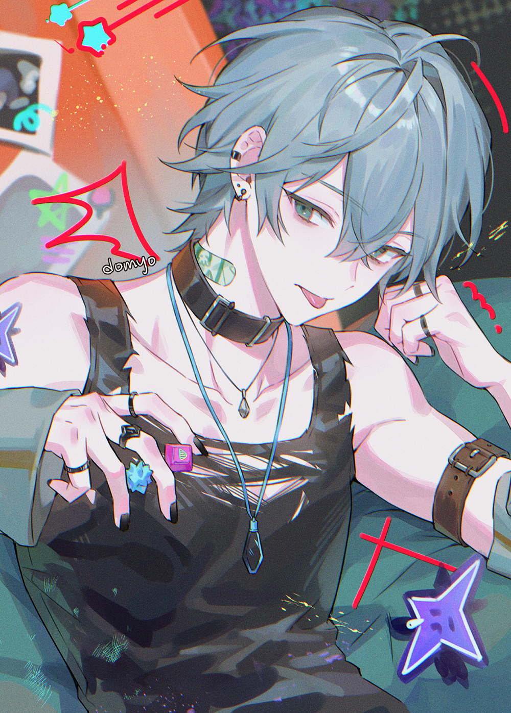 1boy, arm_strap, artist_name, bandaid, bandaid_on_neck, black_collar, black_shirt, collar