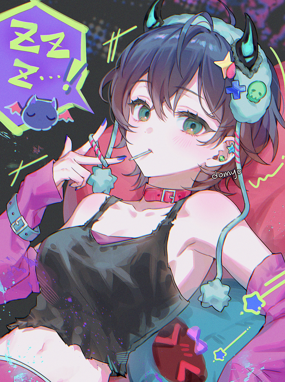 1girl, armpit_crease, artist_name, bat_wings, belle_(zenless_zone_zero), black_shirt, blue_hairband, blue_horns