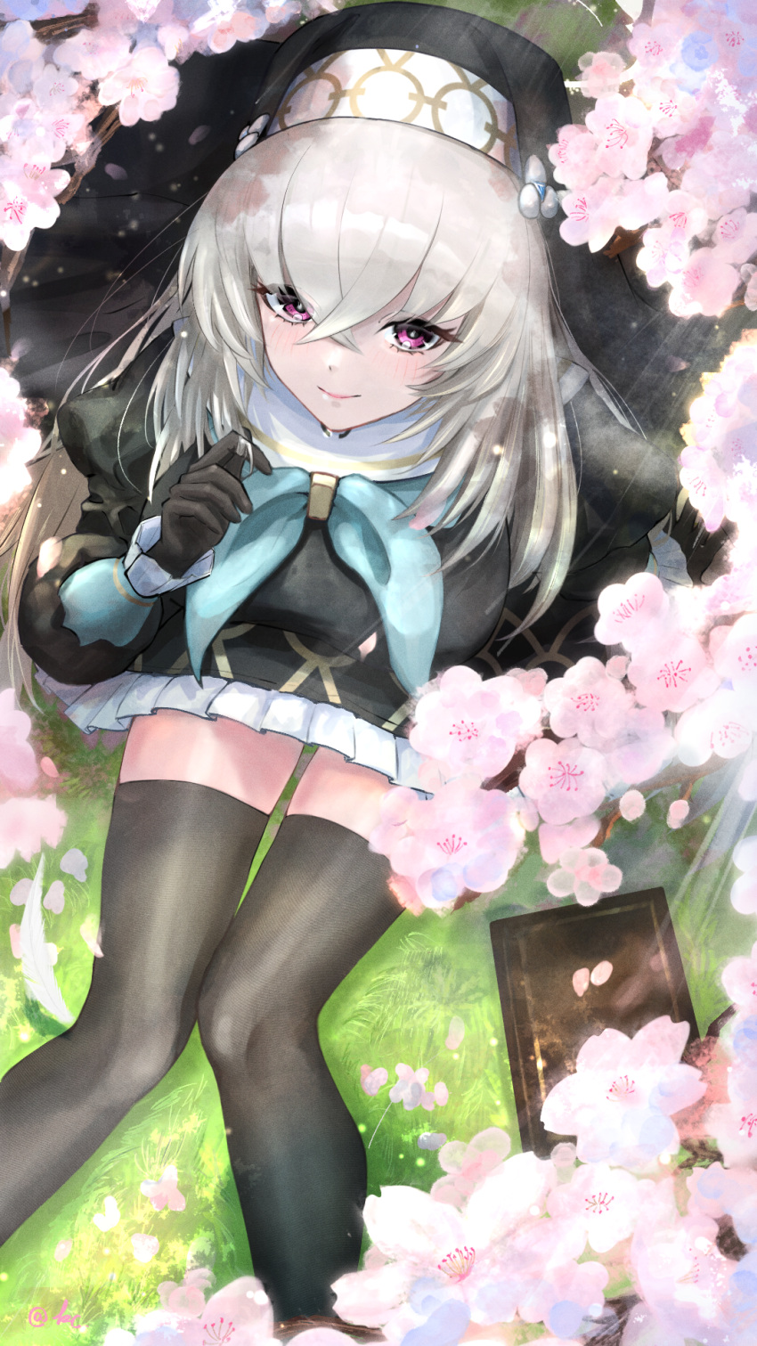 1girl, black_dress, black_gloves, black_hat, black_thighhighs, blue_archive, blue_ribbon, blush, cherry_blossoms, closed_mouth, collar, crossed_bangs, dress, flower, from_above, gloves, hair_between_eyes, hat, highres, kc_ncp, long_hair, looking_at_viewer, nun, pink_flower, ribbon, sakurako_(blue_archive), sidelocks, sitting, smile, solo, thigh-highs, violet_eyes, white_collar, white_hair, zettai_ryouiki