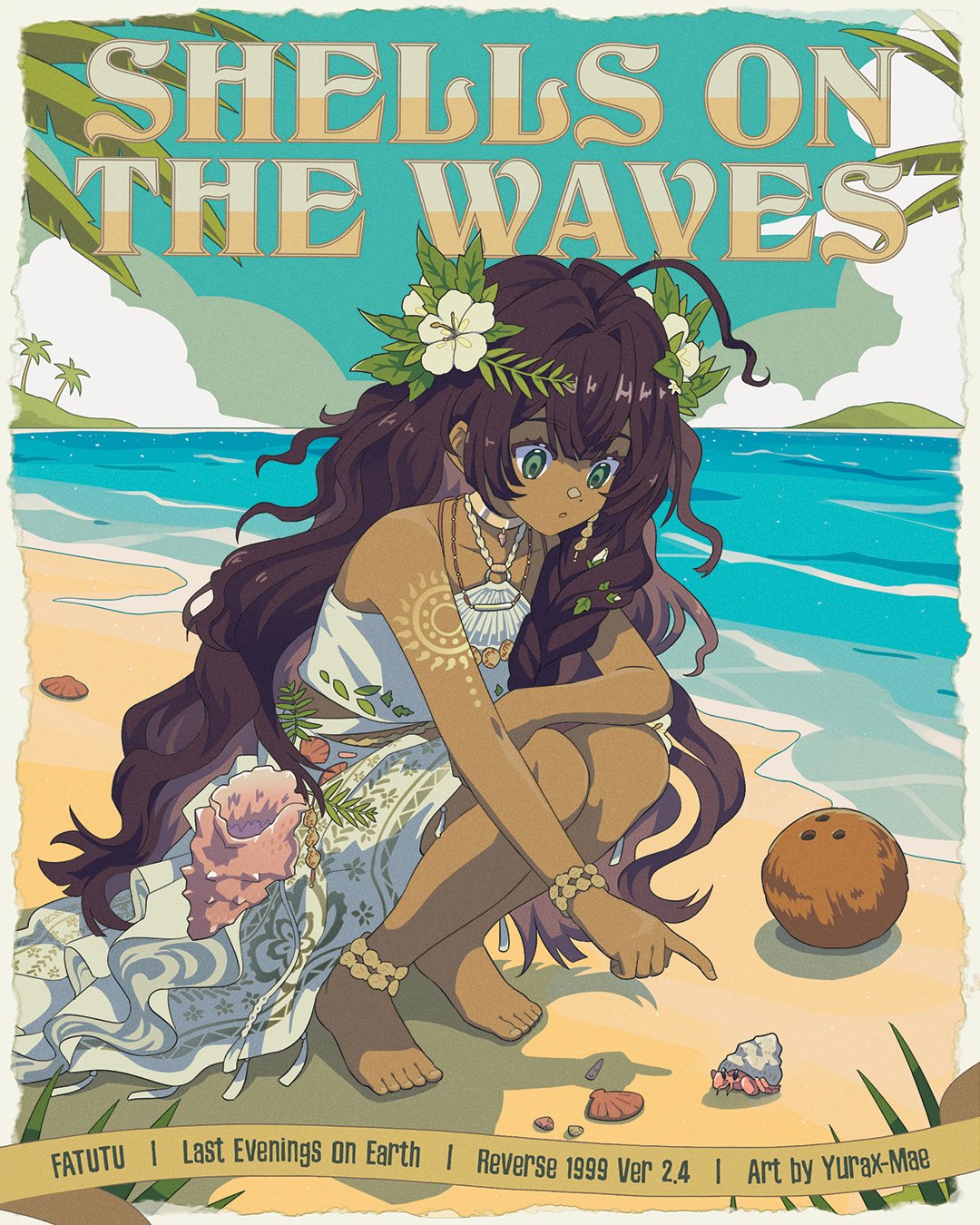 1girl, :o, ahoge, artist_name, bare_shoulders, barefoot, beach, black_hair