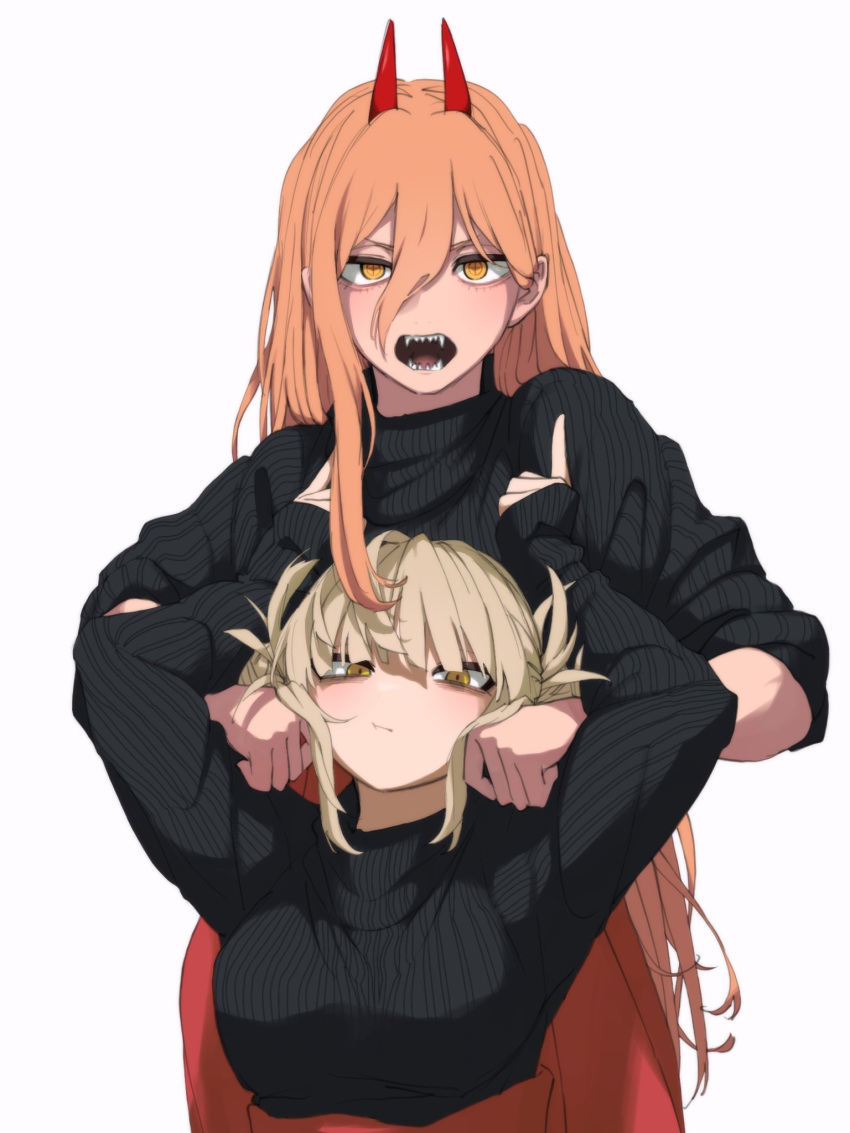 2girls, black_sweater, blonde_hair, boku_no_hero_academia, chainsaw_man, closed_mouth, commentary_request, cross-shaped_pupils, crossover, demon_girl, demon_horns, ginjaeru, hair_between_eyes, high-waist_skirt, highres, horns, long_hair, long_hair_between_eyes, multiple_girls, open_mouth, orange_hair, power_(chainsaw_man), red_horns, red_skirt, sharp_teeth, simple_background, skirt, sweater, symbol-shaped_pupils, teeth, toga_himiko, white_background, yellow_eyes