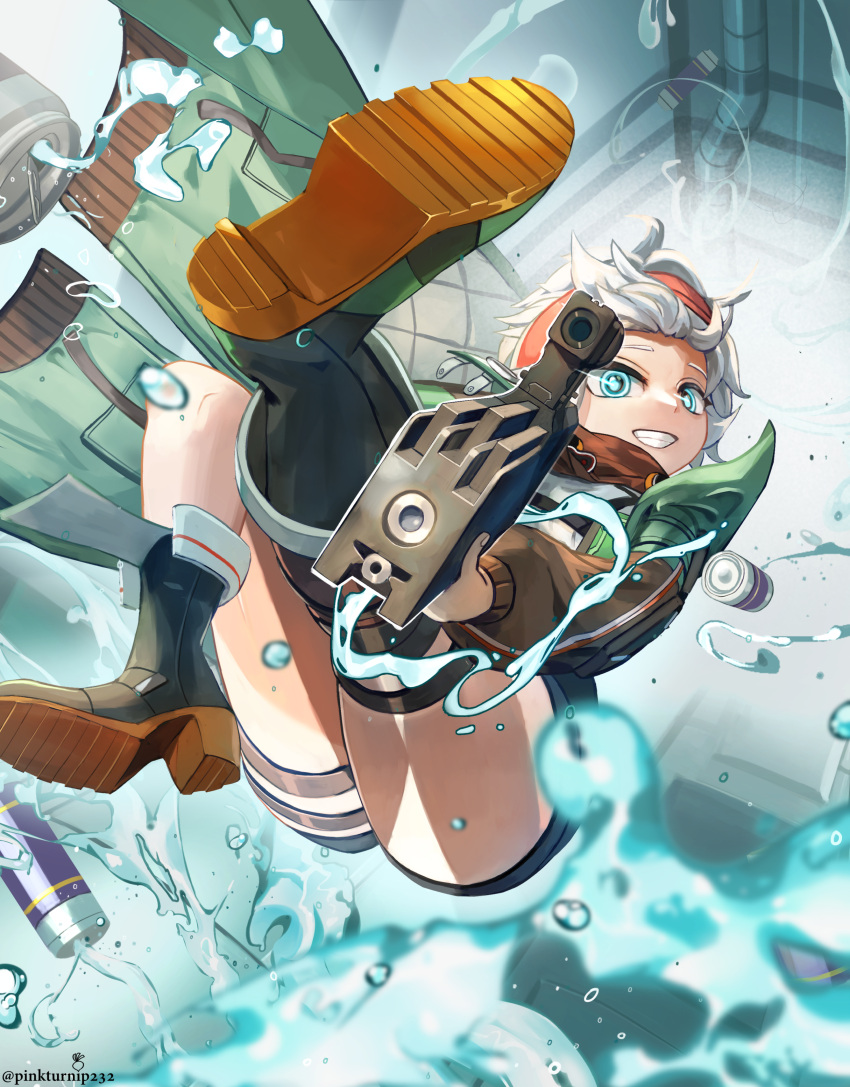 1girl, absurdres, aiming, aiming_at_viewer, assault_rifle, bare_legs, black_shorts, blue_eyes