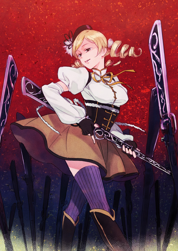 9go, beret, blonde_hair, boots, bow, corset, detached_sleeves, drill_hair