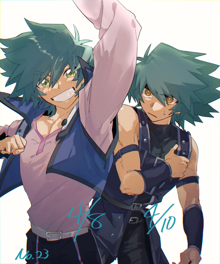 2boys, absurdres, bare_shoulders, black_shirt, blue_vest, cowboy_shot, dated, green_eyes