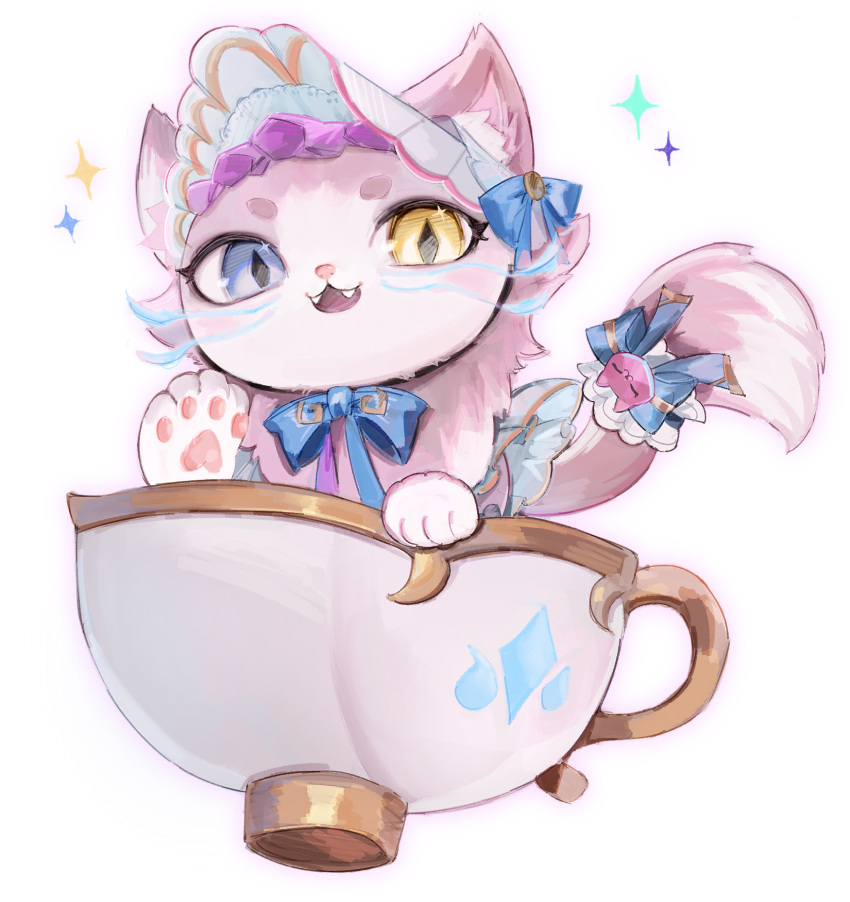 1girl, :d, blue_eyes, bow, bowtie, cat, cup, fangs