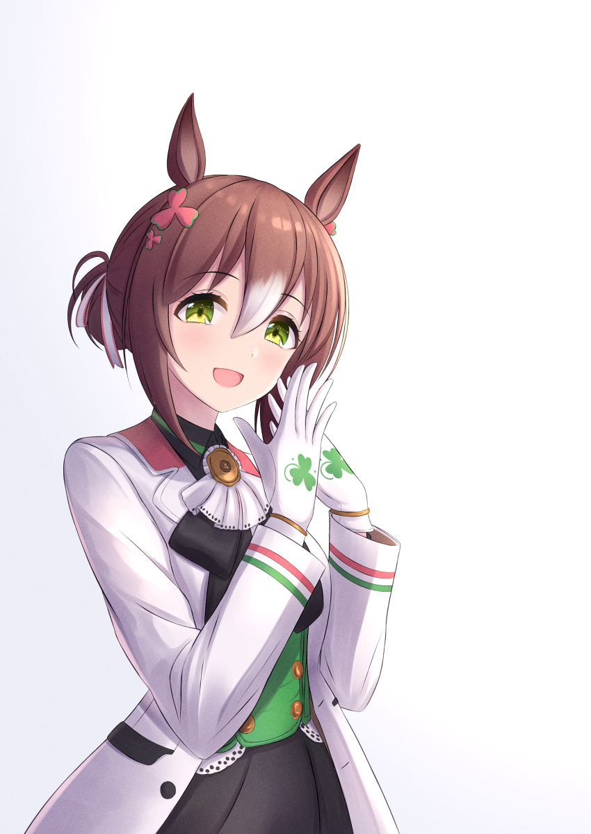 1girl, :d, absurdres, animal_ears, black_skirt, blush, brown_hair, clover_hair_ornament