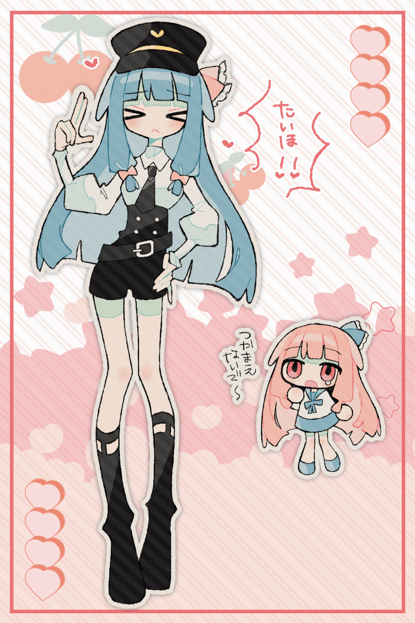 >_<, 2girls, alternate_costume, belt, belt_buckle, black_belt, black_hat, black_necktie