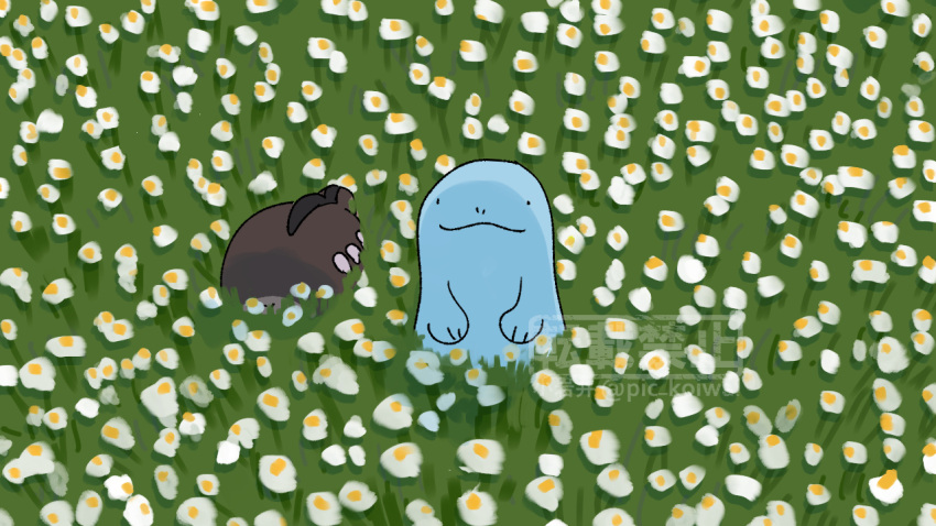 clodsire, commentary_request, field, flower, flower_field, grass, no_humans, pic_koiwai, pokemon, pokemon_(creature), quagsire, tall_grass, twitter_username, watermark