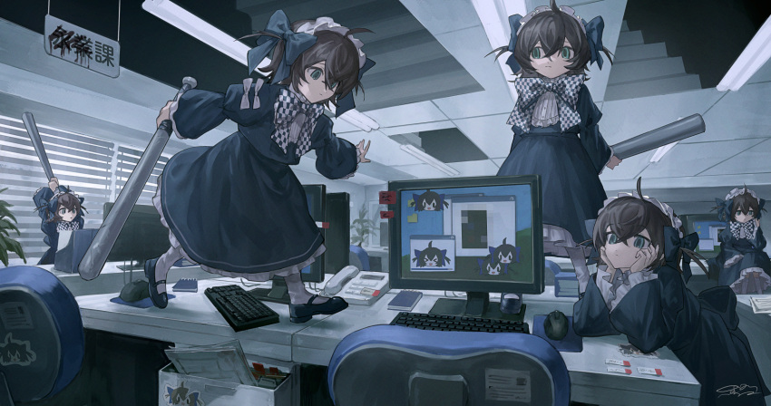 >_<, 5girls, animal_ears, apron, baseball_bat, black_dress, black_hair, bow, cellphone, clock, closed_mouth, commentary_request, computer, dress, frilled_dress, frills, green_eyes, hairband, highres, holding, indoors, komenomoku, lolita_fashion, long_sleeves, maid, maid_apron, maid_headdress, multiple_girls, original, phone, puffy_sleeves, serious, shoes, short_hair, sitting, sleeves_past_wrists, socks, spot_the_differences, standing