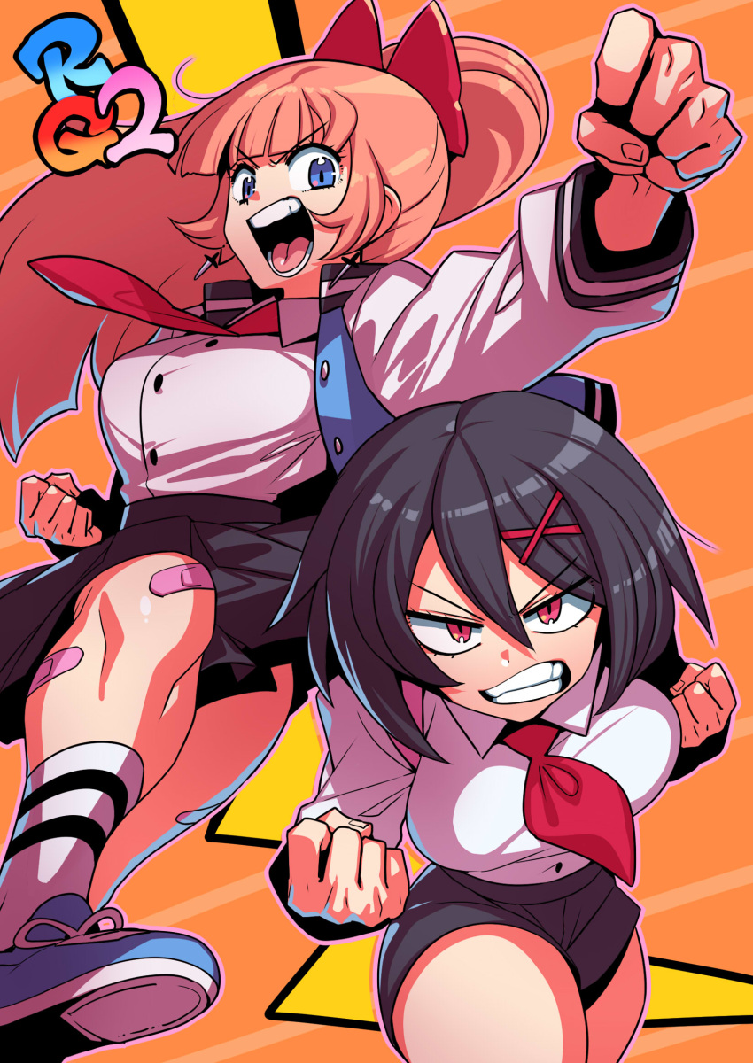 2girls, black_hair, black_skirt, blue_eyes, blue_jacket, bow, breasts, clenched_hands