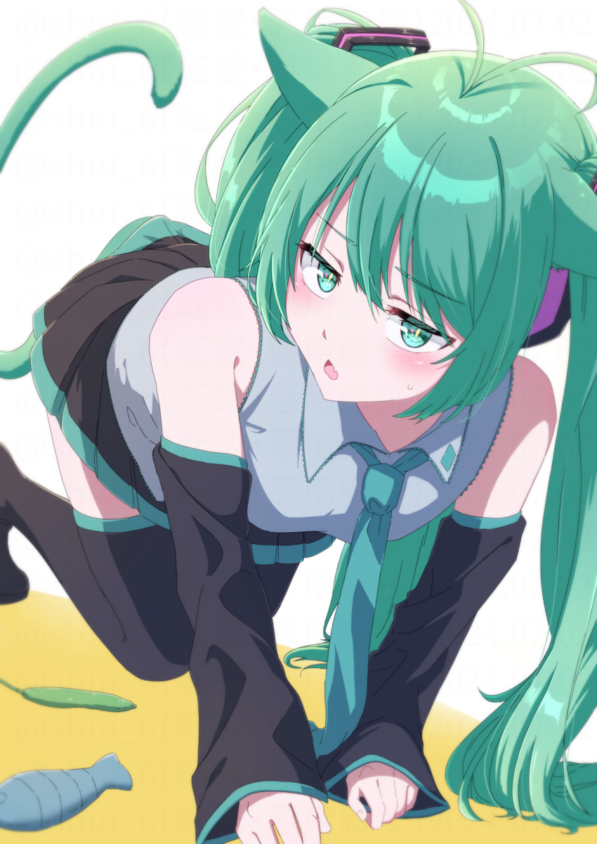 1girl, :o, all_fours, animal_ears, aqua_necktie, black_skirt, black_sleeves, black_thighhighs