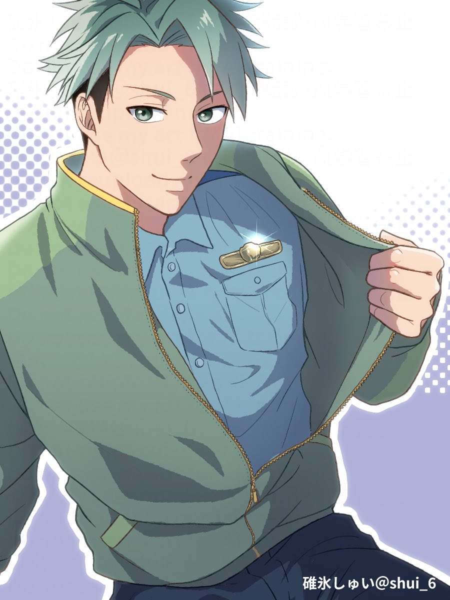 1boy, artist_name, black_pants, blue_shirt, breast_pocket, buttons, closed_mouth, collared_shirt