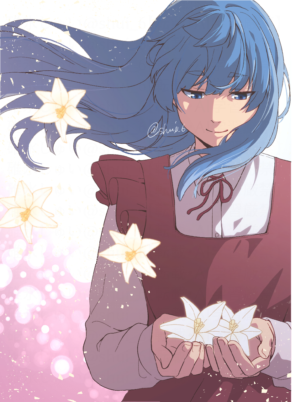 1girl, blue_eyes, blue_hair, closed_mouth, collared_shirt, commentary_request, dress, etra-chan_wa_mita!