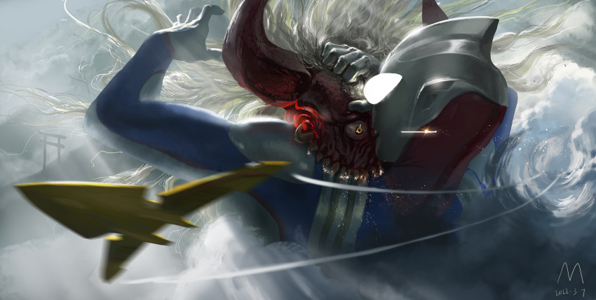 1boy, 1other, absurdres, aircraft, airplane, alien, biting, biting_neck