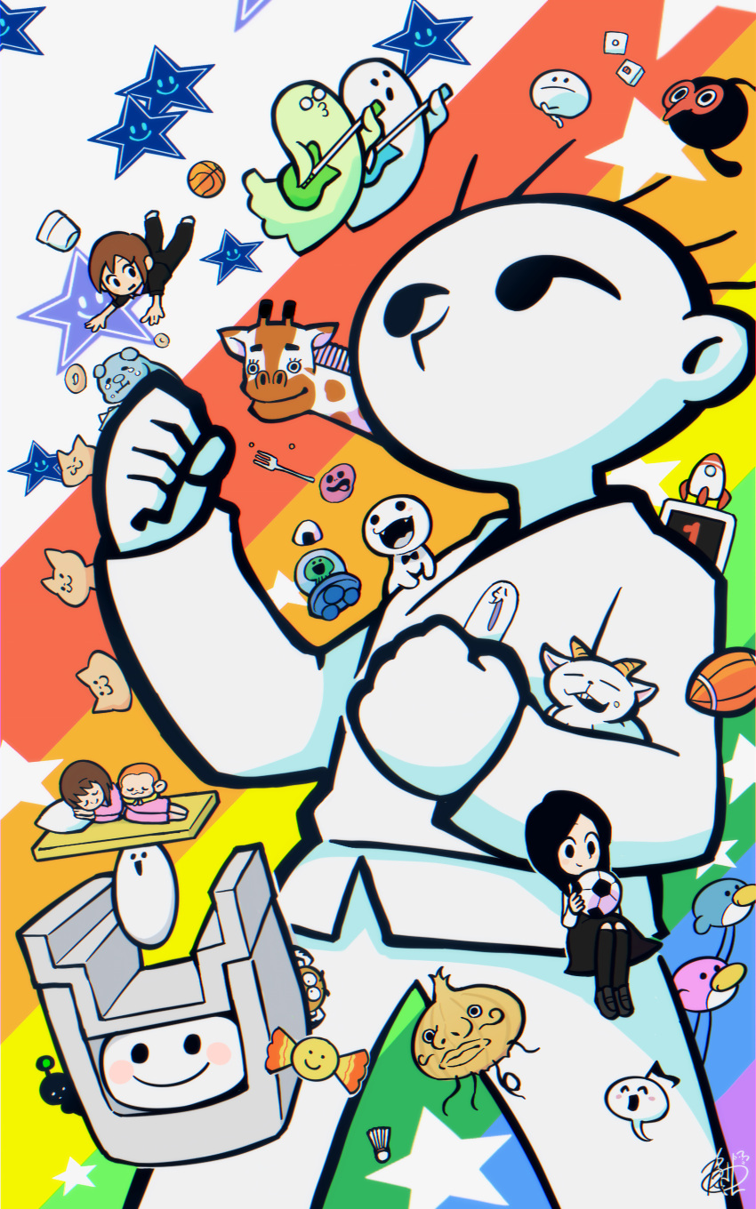 2boys, 2girls, :3, absurdres, american_football_(object), animal, ball, basketball_(object)