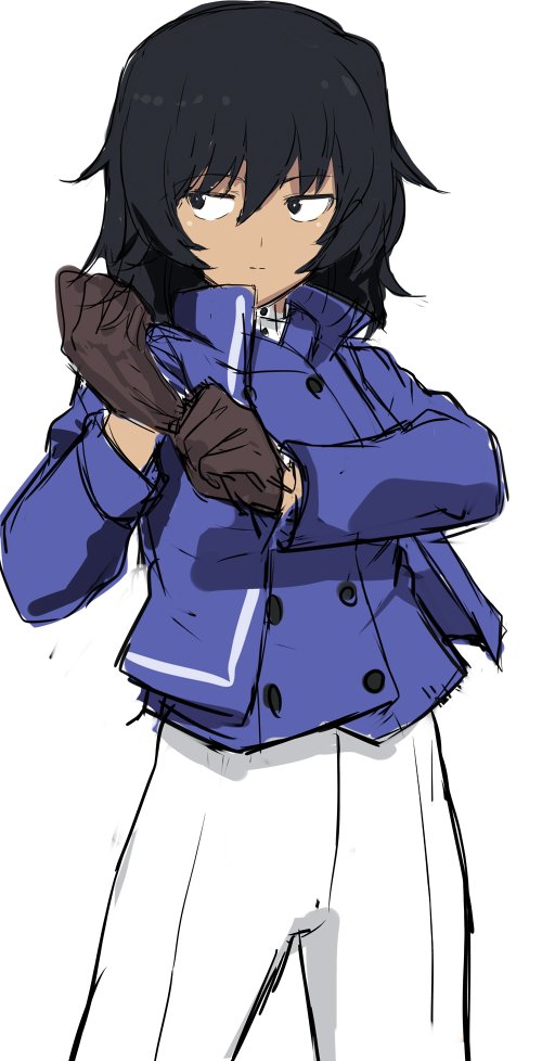 1girl, andou_(girls_und_panzer), ashiwara_yuu, bc_freedom_military_uniform, black_hair, blue_jacket, blue_vest, brown_eyes, brown_gloves, closed_mouth, cowboy_shot, dark-skinned_female, dark_skin, dress_shirt, girls_und_panzer, gloves, hair_between_eyes, high_collar, jacket, long_sleeves, looking_to_the_side, medium_hair, messy_hair, military, military_uniform, official_style, pants, pelisse, shirt, simple_background, smile, solo, standing, vest, white_pants