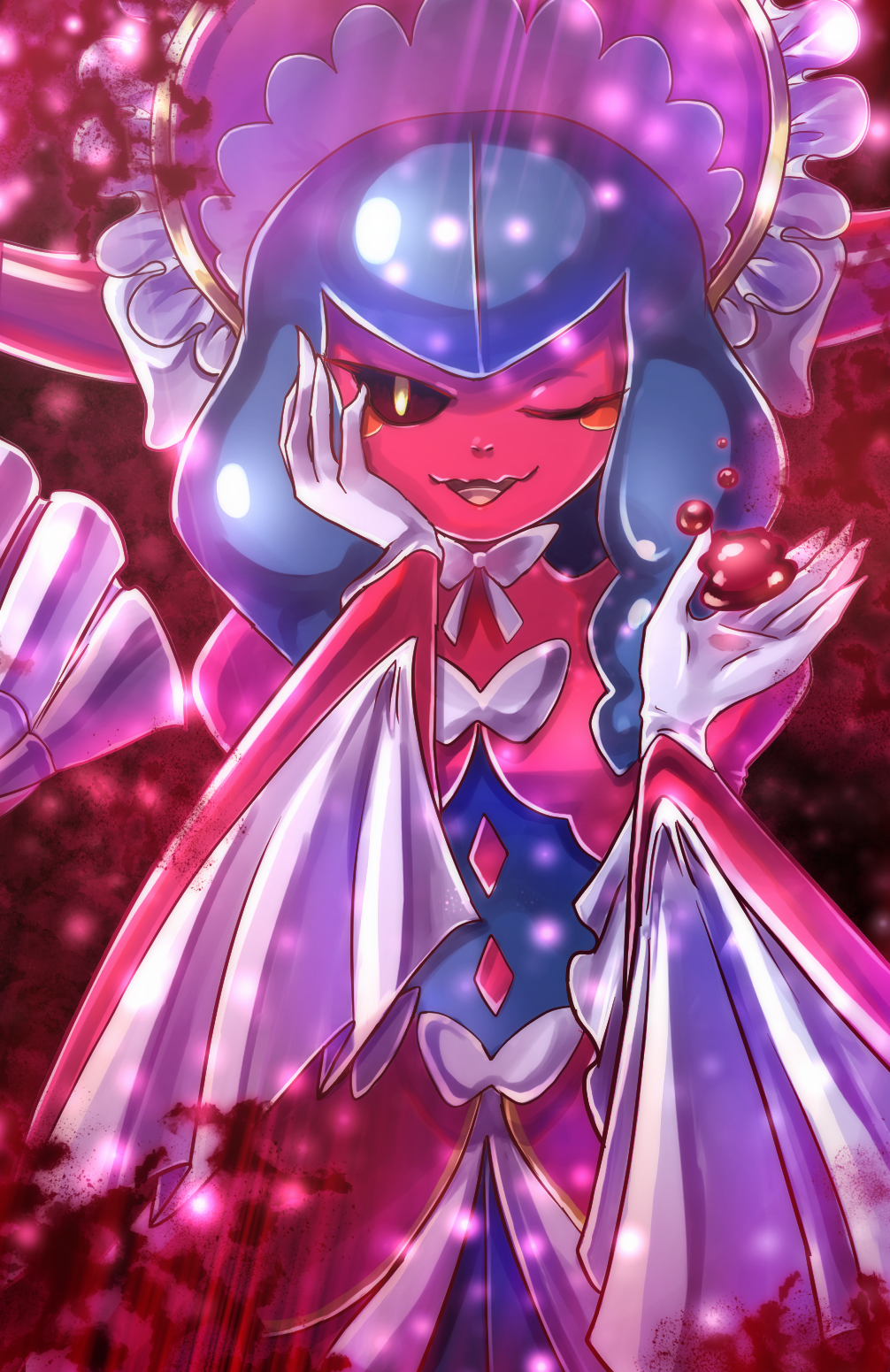 1girl, black_sclera, blood, blue_hair, blush_stickers, bonnet, colored_sclera, cowboy_shot