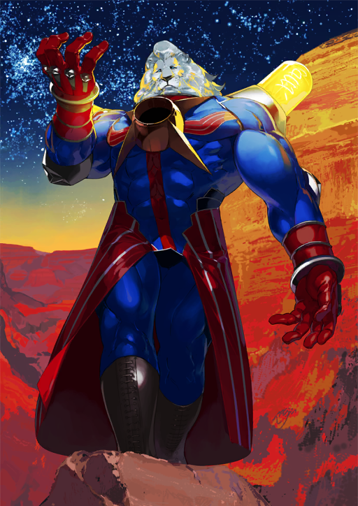 1boy, animal_head, arm_at_side, black_boots, blue_bodysuit, blue_eyes, bodysuit, boots, cape, closed_mouth, covered_abs, covered_navel, covered_pectorals, fate/grand_order, fate_(series), feet_out_of_frame, gloves, glowing, hand_up, light_bulb, lion, looking_at_viewer, male_focus, mane, muscular, muscular_male, official_art, pako_(pakosun), pectorals, red_cape, red_gloves, sky, snout, solid_eyes, solo, standing, star_(sky), starry_sky, third-party_source, thomas_edison_(fate), variant_set, waist_cape, white_fur, white_hair