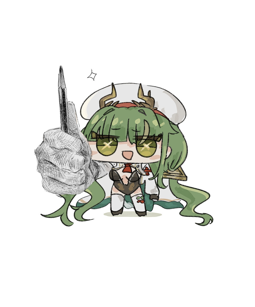 1girl, azur_lane, chibi, chibi_only, cross-shaped_pupils, hair_intakes, hat, highres, holding, holding_pencil, horned_hat, looking_at_viewer, low_twintails, open_mouth, pencil, raffaello_(azur_lane), shrug_(clothing), solo, sparkle, standing, suwapurin, symbol-shaped_pupils, thigh-highs, thumbs_up, twintails, white_hat, white_shrug, white_thighhighs, x_x, yellow_eyes