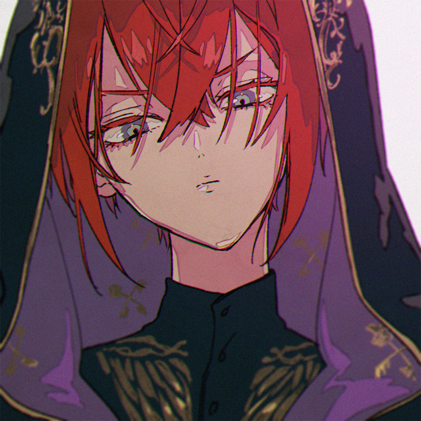 1boy, antenna_hair, black_robe, blue_eyes, blurry_edges, colored_eyelashes, crossed_bangs, film_grain