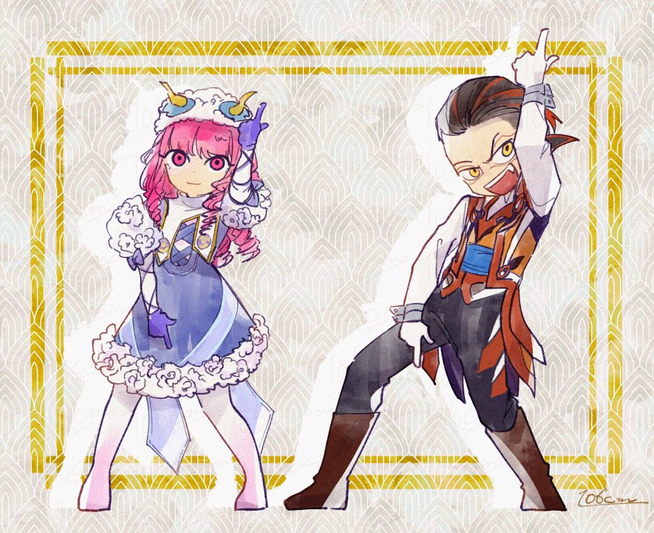 106cm, 1boy, 1girl, arm_up, black_hair, black_pants, blue_dress, boots